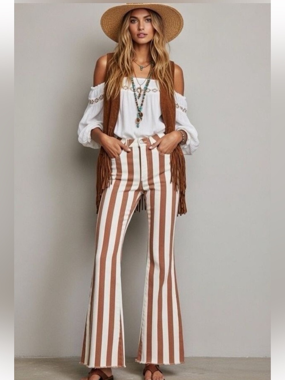 NWT Saints & Hearts Juniors High Rise Retro Stripe Flares Festival Brown Cream M
